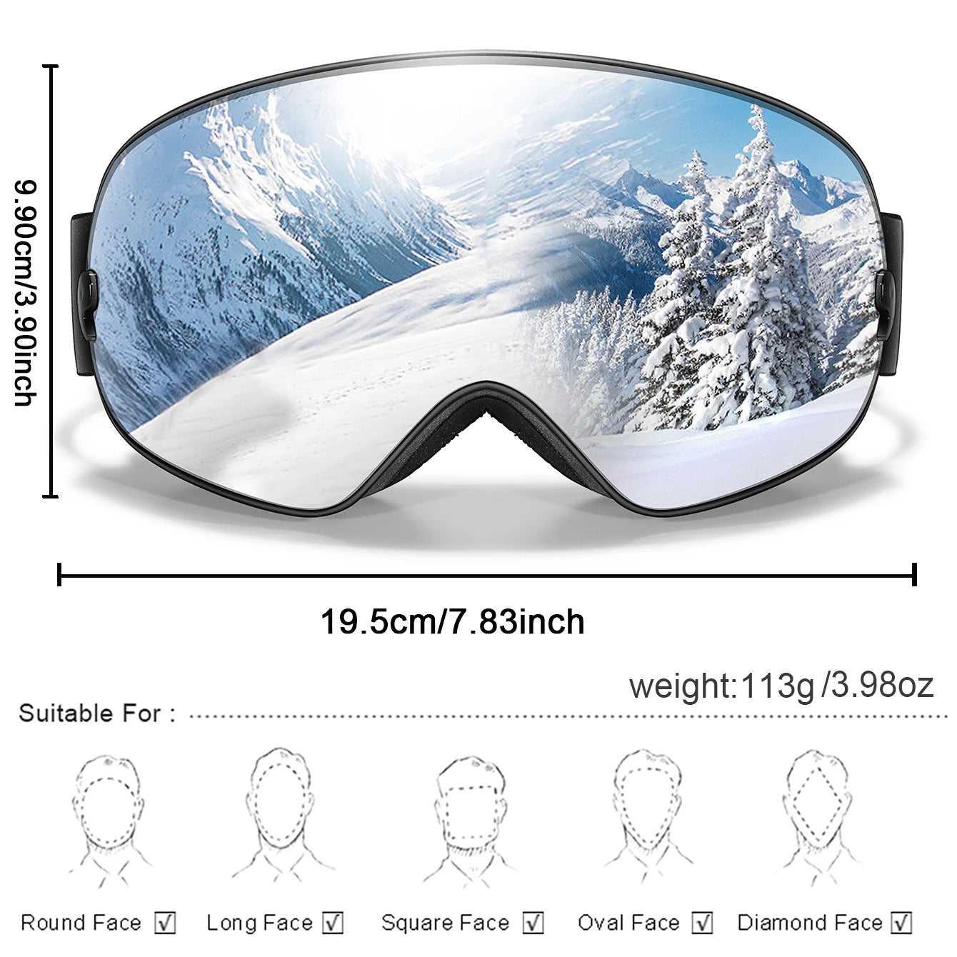 Winter Outdoor SKI Goggles Men/Women Teen, Free Optical Frame/Bag, UV400 Anti-Fog Snowboard Eyewear