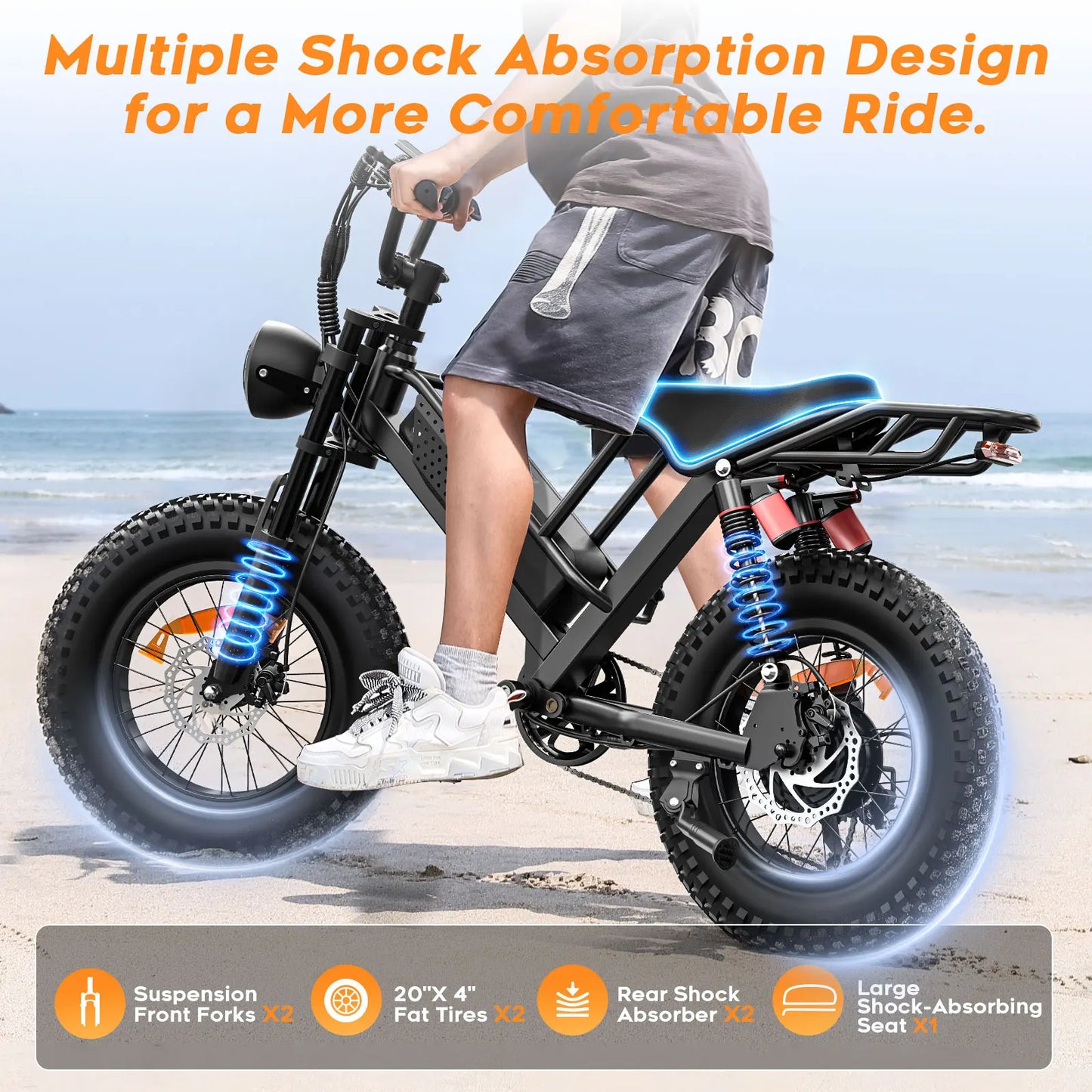 Mountain E-Bike , 20" Fat Tire Wider Seat 750W Peak Motor, Removable Battery, 4X Suspension