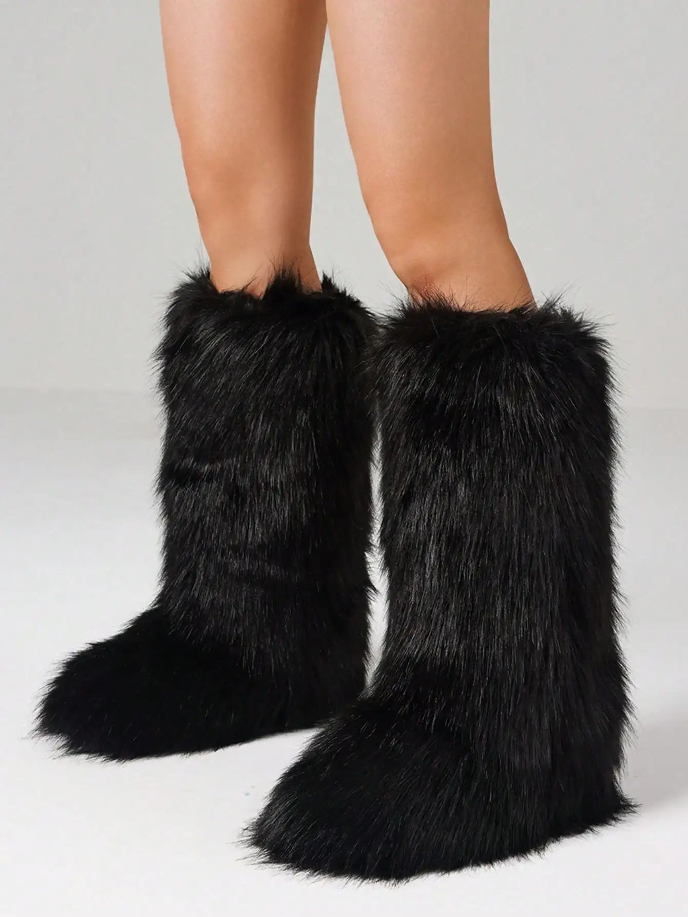 Furry Fluffy Women Snow Boots Warmplush Knee High Flats Luxury Punk Goth Women Winter Shoes