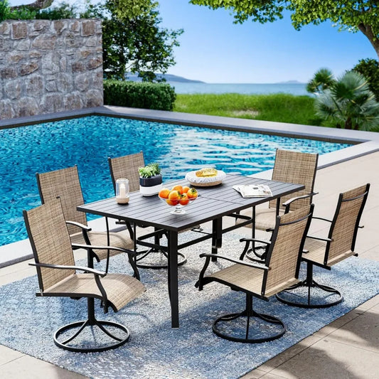 7-Piece Outdoor Dining Set – 6 Swivel Rocking Chairs & Large Aluminum Table w/Umbrella Hole (128c)
