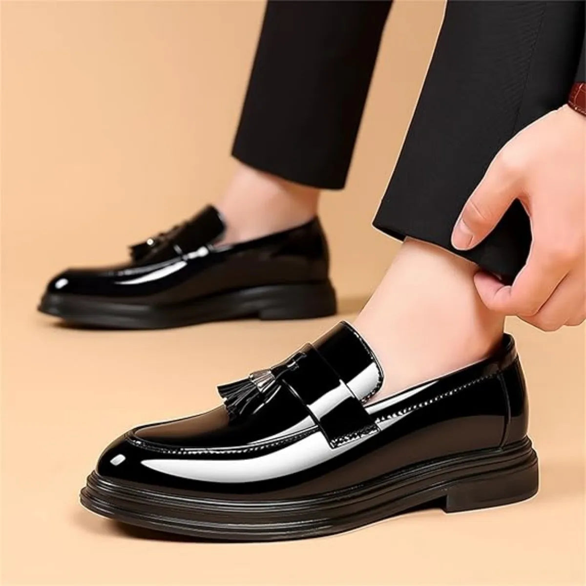 Men's Tassels High Gloss Patent Penny Loafers Business Casual Oxford Slip On Dress Shoes Shoe