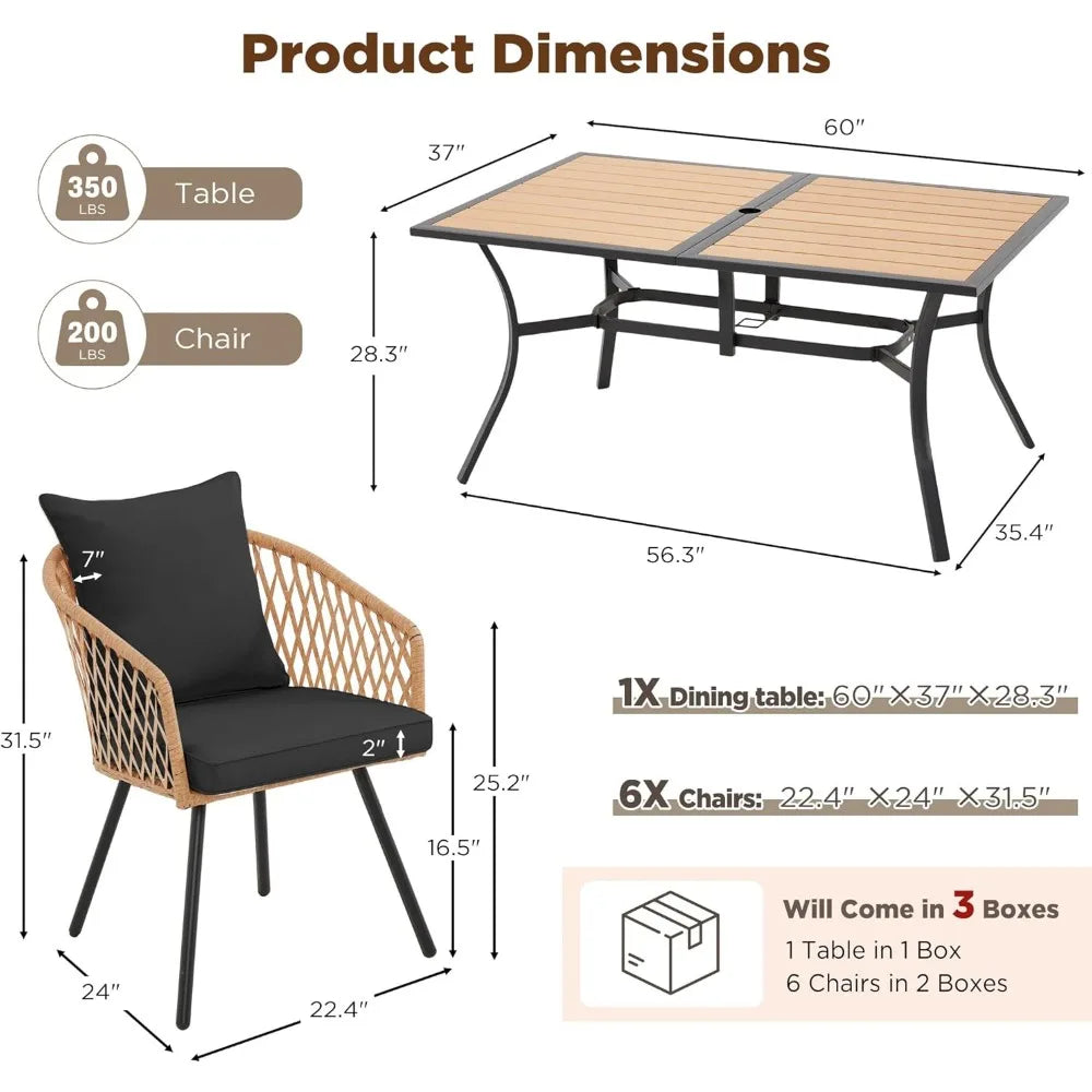7-Piece All-Weather Rattan Patio Dining, 60" Wood Table, Removable Cushions & Umbrella Hole