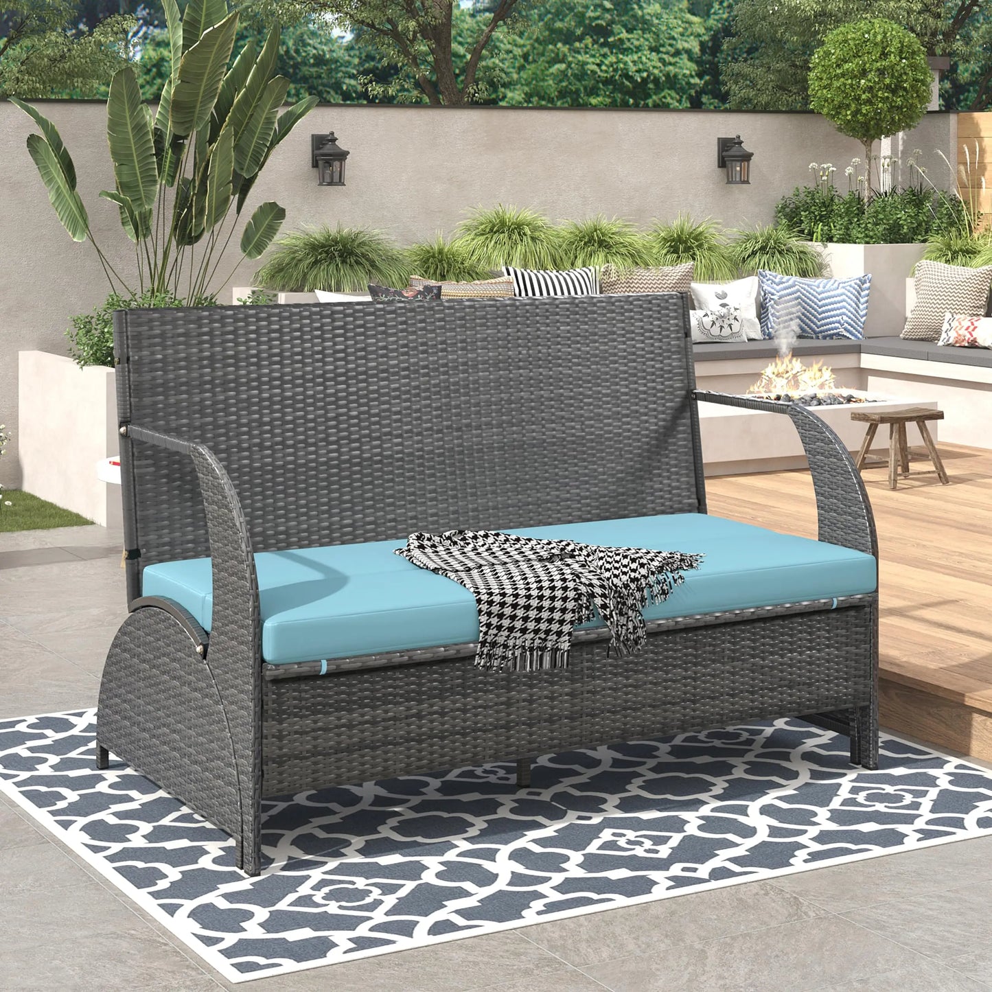 Outdr Rattan Loveseat Convertible Picnic Upholstered Bench Table Patio Convertible,4 Seats,1 Table