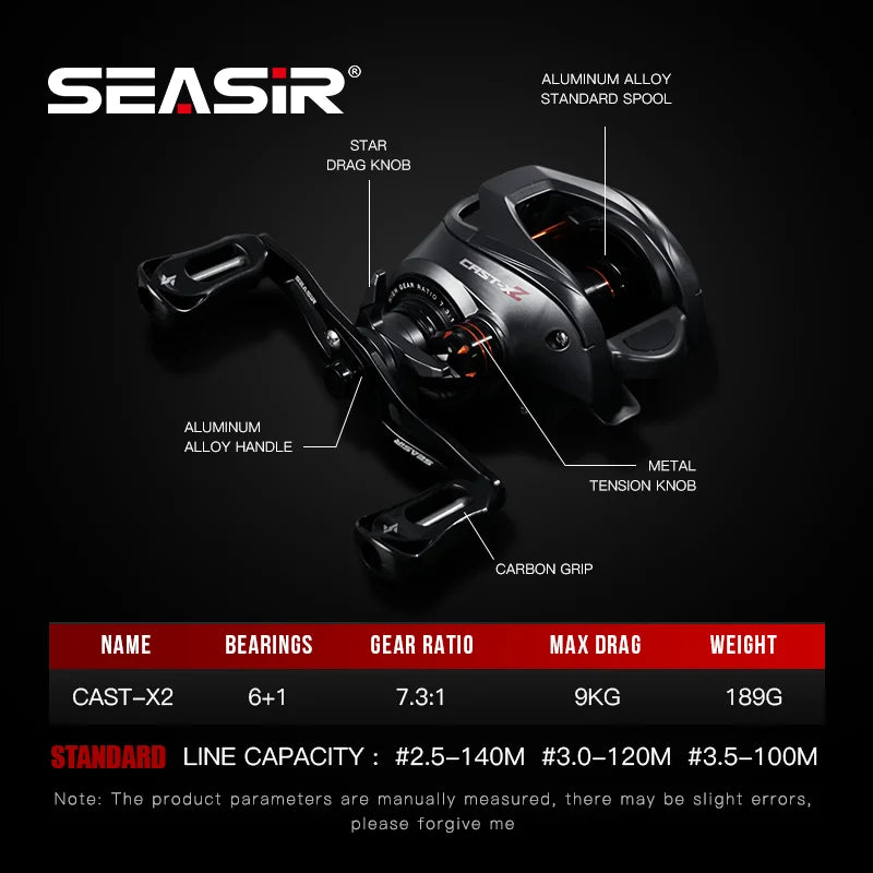 Cast X2 Baitcasting Reel 7.3:1 Hybrid Ceramic Bearing Carbon Fiber Washer Dual Bearing N52 Brake