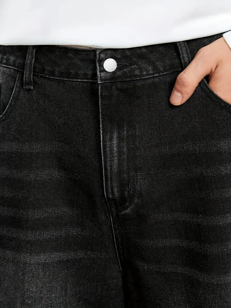 Men'S Loose Fit Black Denim Wide Leg Jeans, Raw Wash Detail - Comfortable, Versatile All-Season Wear