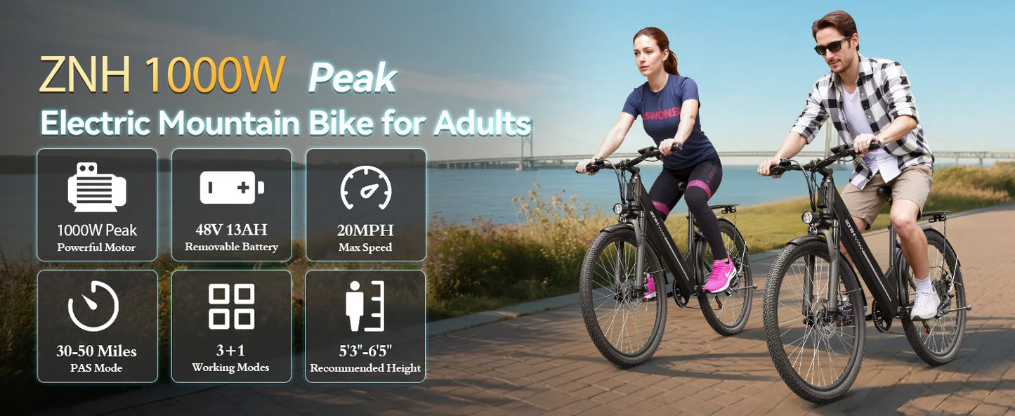 1000W Peak Electric Bike for Adult,26" Tires 50Miles Range Commuting Ebike,Removable,20MPH,7-Speed