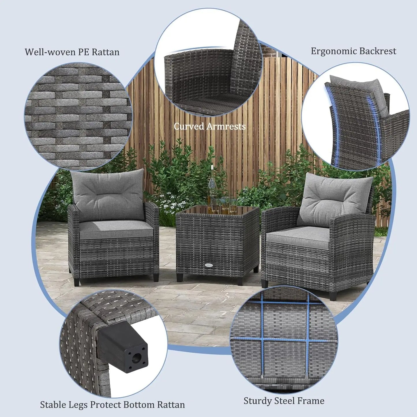 3 Piece Furniture Set, Outdoor Rattan Conversation Set Washable Cushions & Tempered Glass Tabletop