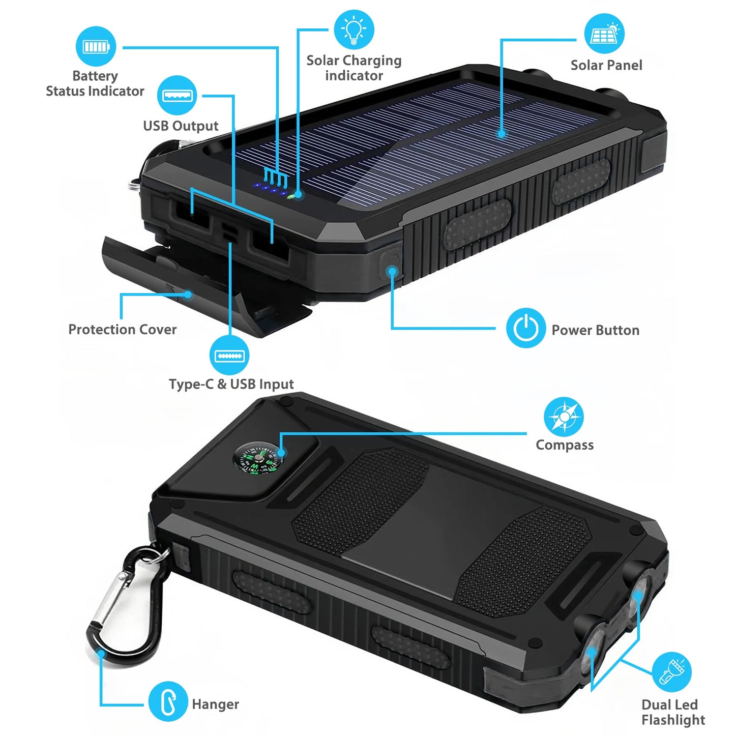 30000mAh Solar Power Bank Portable Dual 5V USB Ports 2 LED Light Flashlight Fast Charge phones ntbk