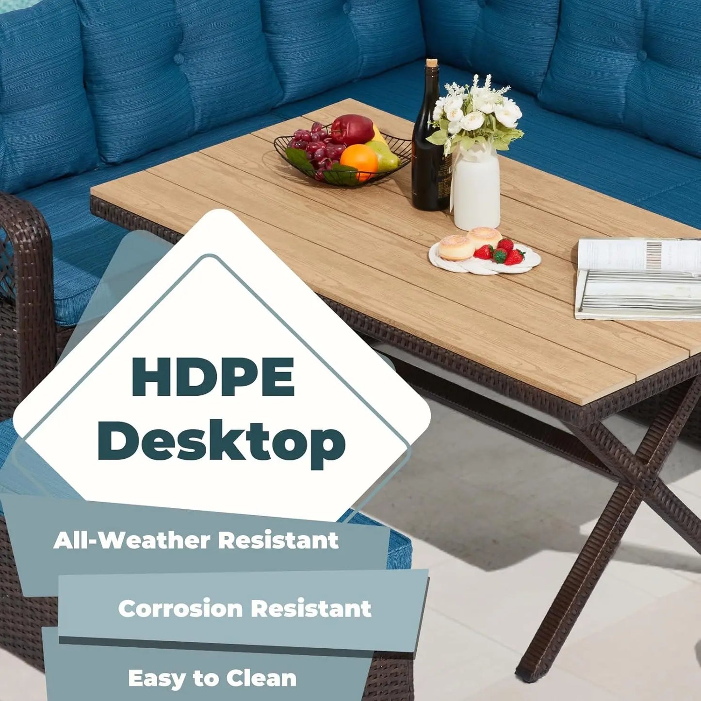 7 Pieces Patio  Dining Set, Patio Dining Sets with HDPE Table & Chairs, Ottamans for Garden, Deck