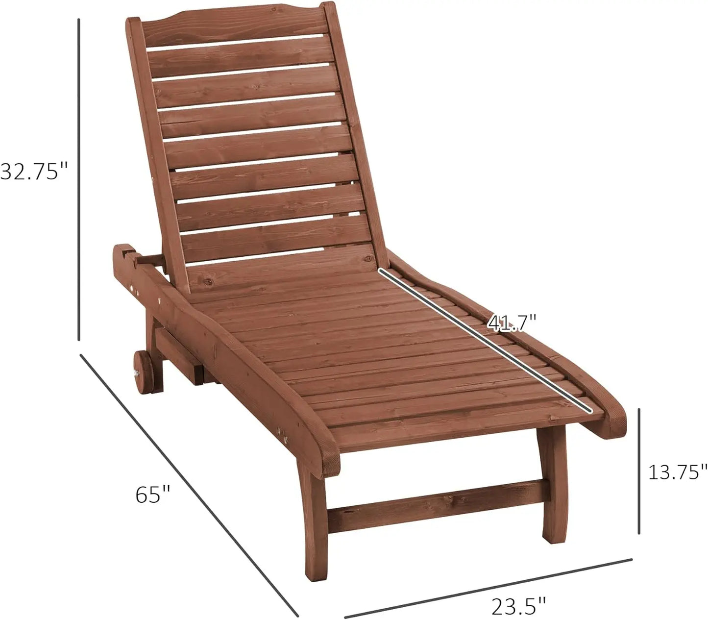 Adjust Chaise wooden Lounge Built-in Table & Wheels, Outdoor Poolside Sunbathing, Brown Red