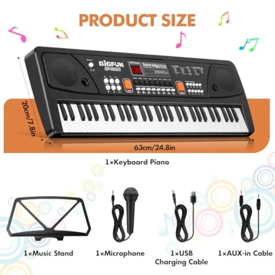 61Key Piano Keyboard, Beginners Rechargeable Electronic Music  Builtin Music Stand Microphone LED