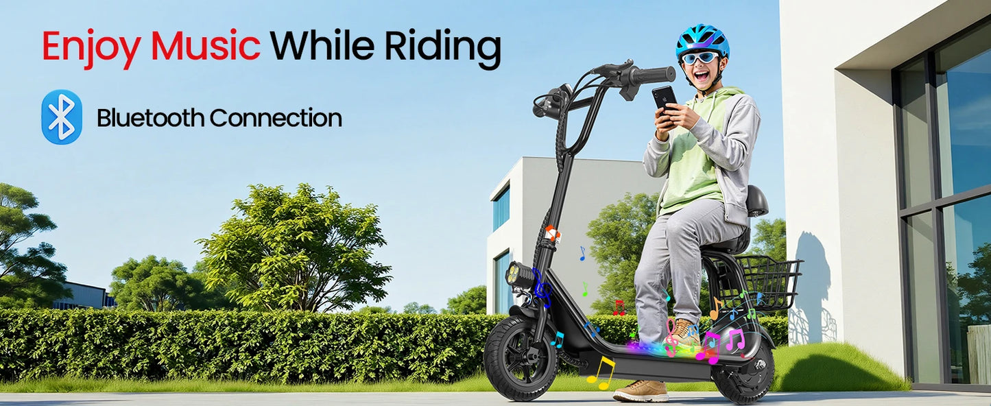 Kids E-Scooter, Blue tooth Speaker Foldable Design Seat, Basket LED Light Strip 11MPH Speed 132lbs