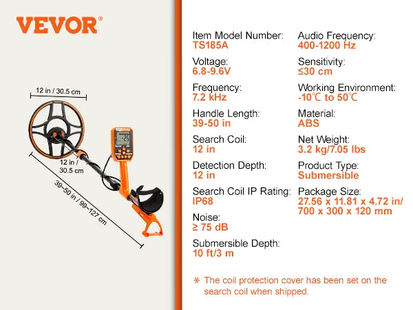 Professional Rechargeable Metal Detector 12" IP68 Waterproof Coil 39-50 in Adjustable LCD 7Modes
