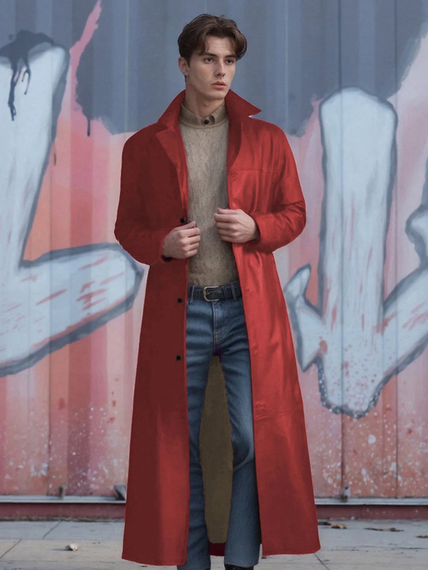 Men s Faux Leather Jacket Classic Lapel Collar Long Sleeve Button Closure Windproof Fall Winter