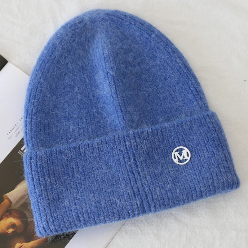 2024 Fluffy  Angora Hat Rabbit Fur Warm Winter Cashmere Wool Soft  Beanies Knitted Outdoor Female
