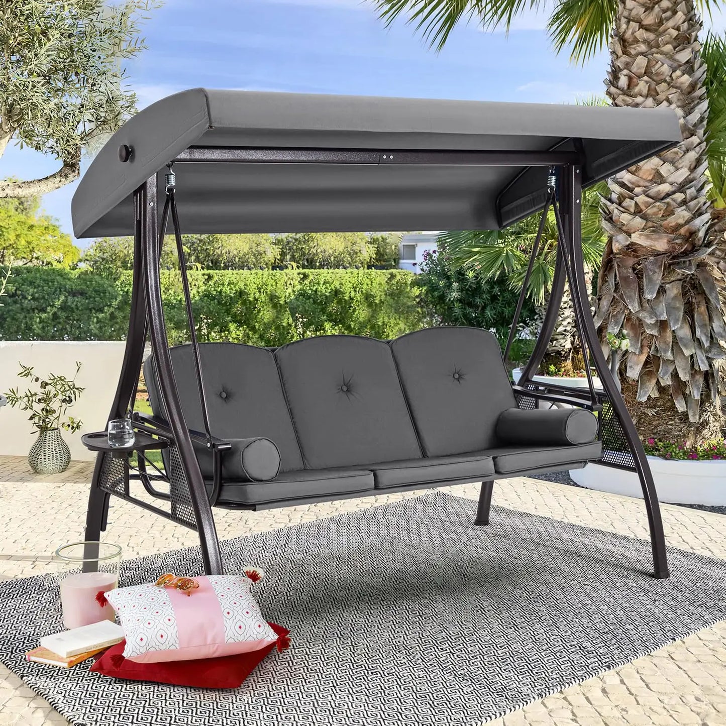 3 Person Outdoor Porch Swing,1.5" Upgraded Cup Holder, Adjust Canopy, Backrest, Patio Swing Bed