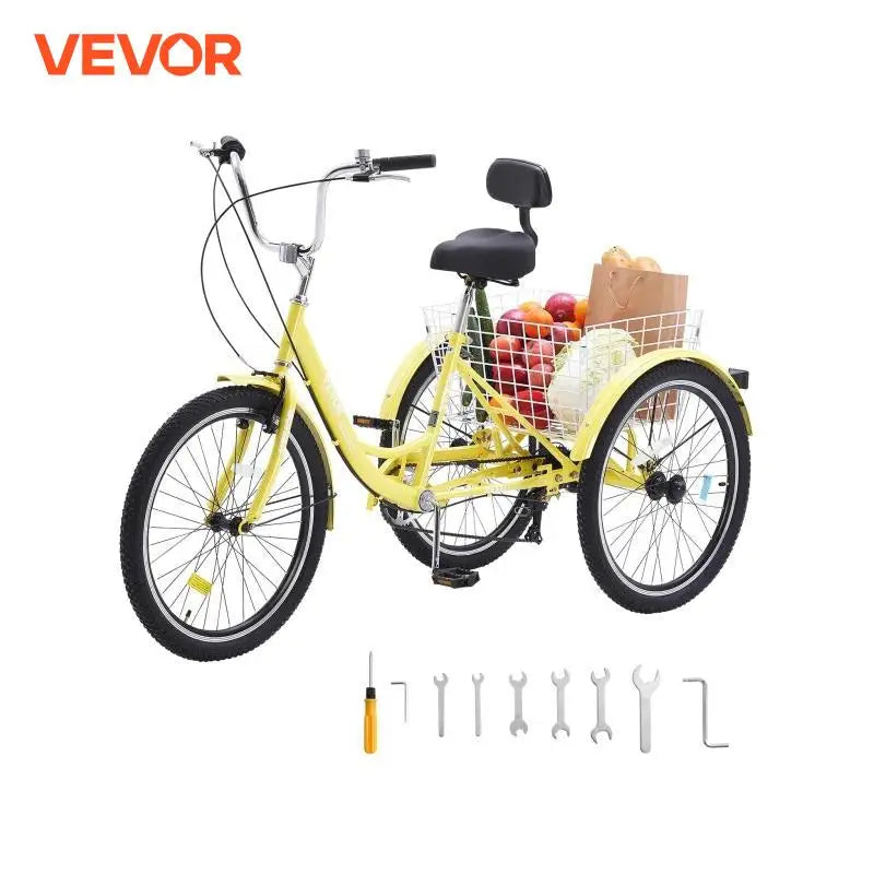 24 In 7 Speed Adult Tricycles 3-Wheeled, Carbon Steel Cruiser with Basket and Adjustable Seat