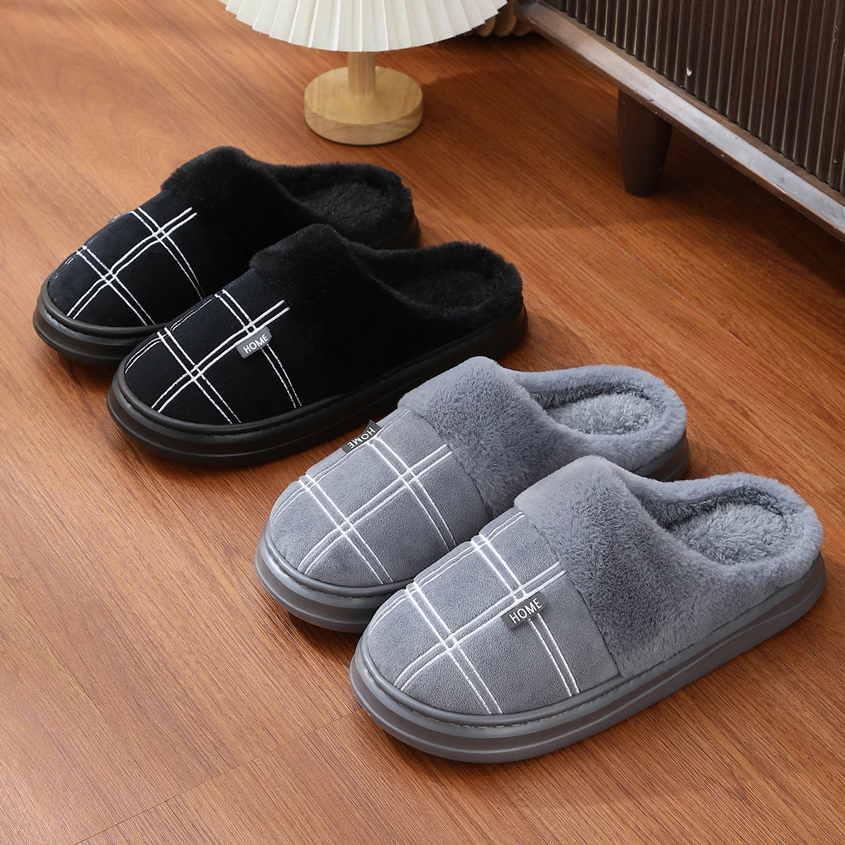 Men Home Slippers Plaid Memory Foam Winter Plush Warm Non-Slip Black Large size 50-51 Fashion