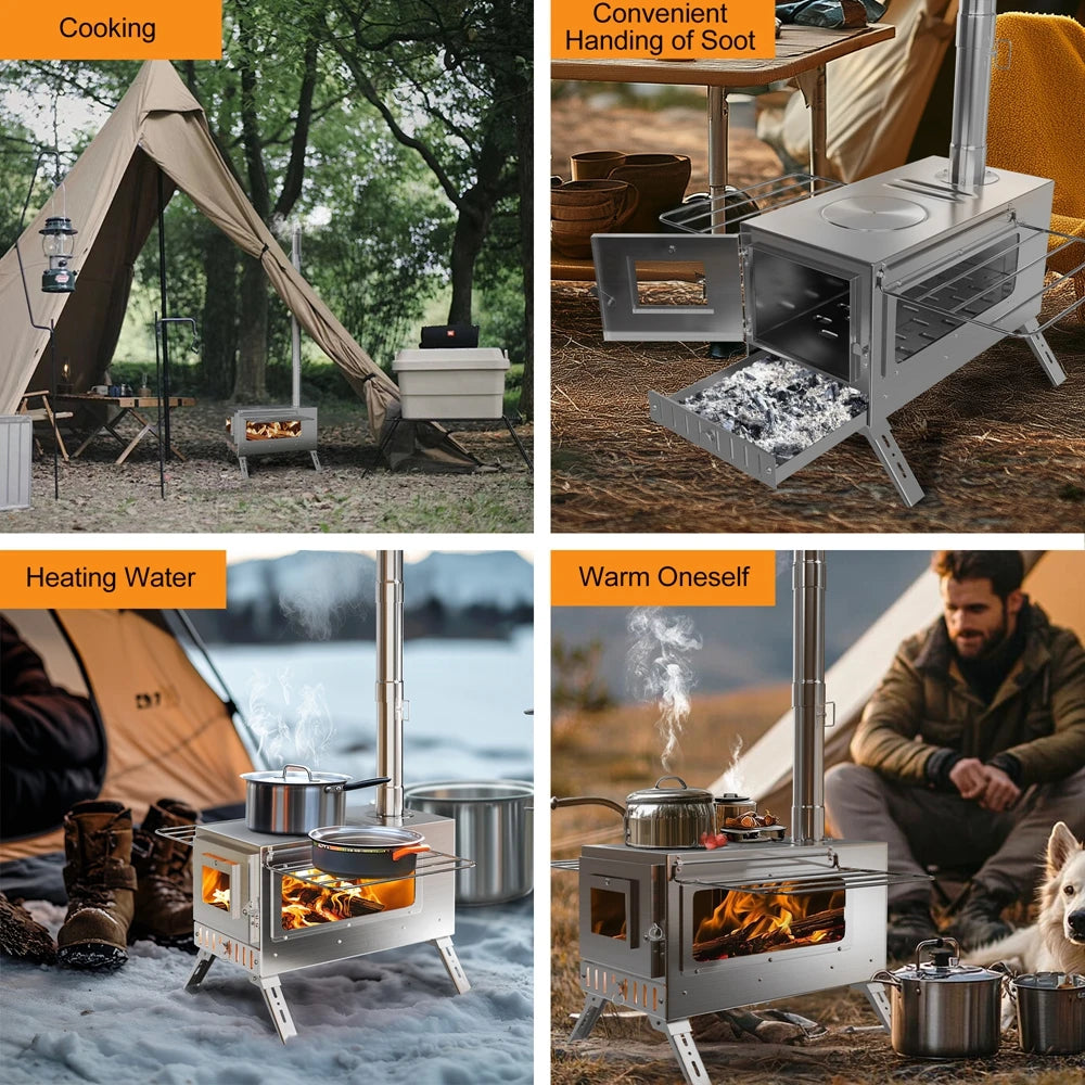Portable Camping Wood Burning Stove Stainless Steel Tent Stove,7 Chimney Pipes Outdoor Camp Heating