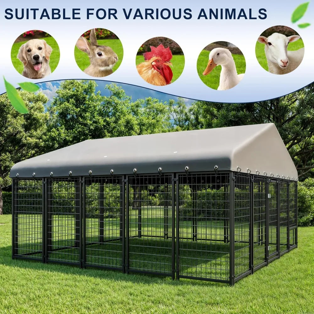 Dog Kennel 10X10FT Outside Heavy-Duty Outdoor Dog, Roof, Lock - Spacious, 4 Pets with Feeding