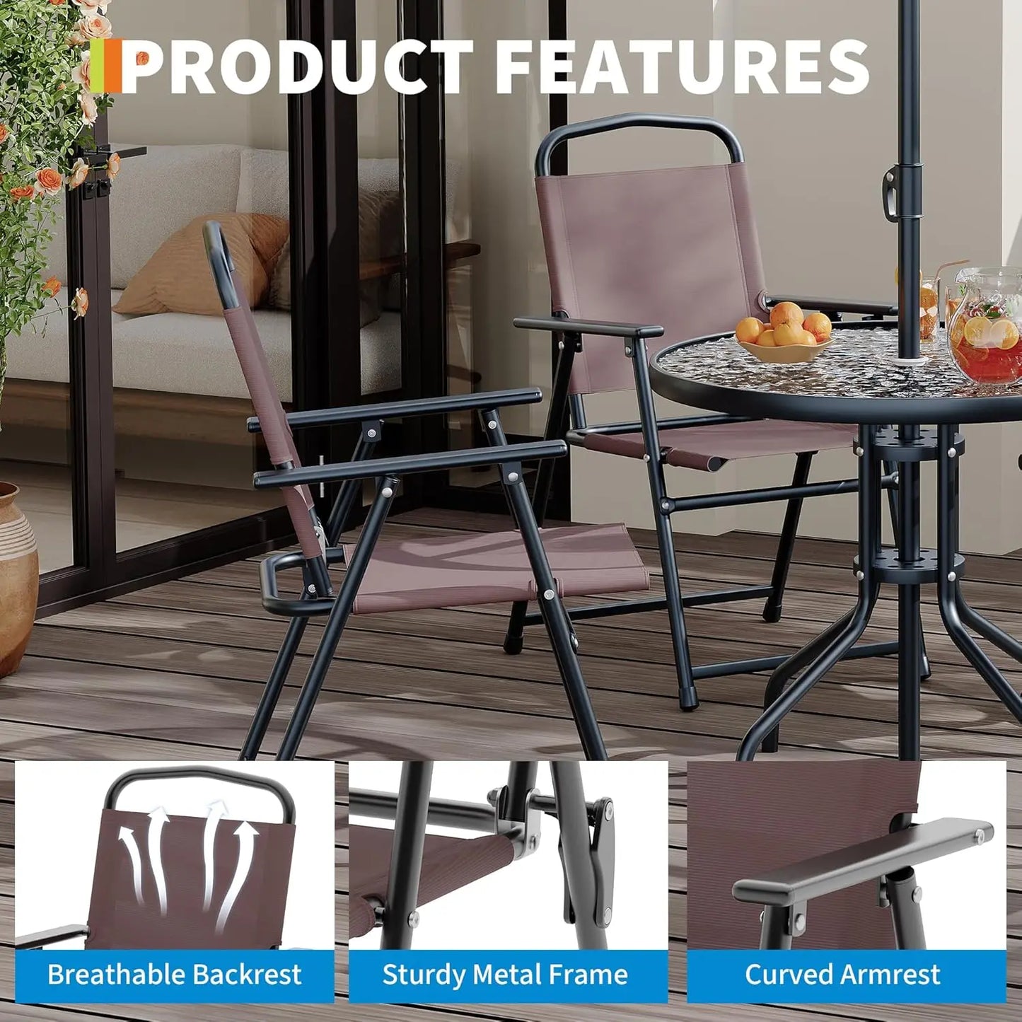 6 Piece Patio Dining for 4, Umbrella, Outdoor Table & 4 Folding Dining Chairs & Round Glass Table