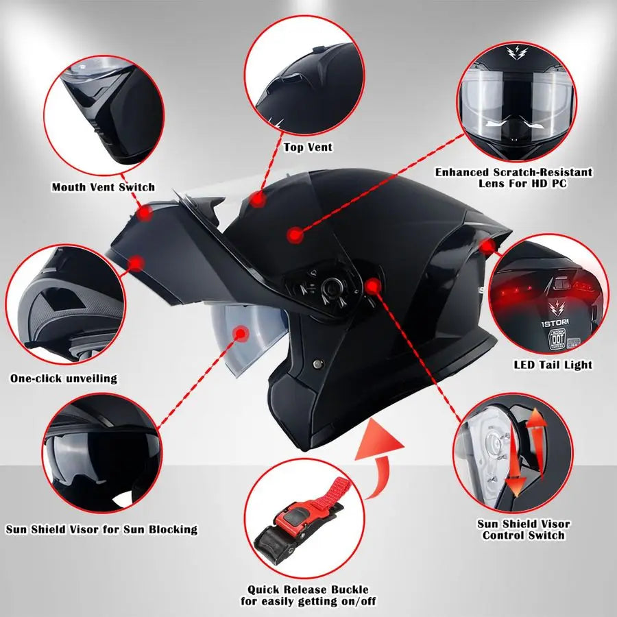 New Motorcycle Bike Modular Full Face Helmet Dual Visor Sun ShieldRechargeable LED Tail Light LEDX90
