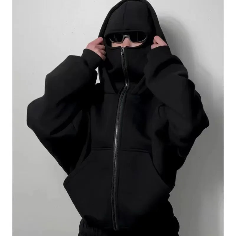 Men/women Balaclava Y2K Gothic winter Warm, double hooded sweatshirt men's mask zipper sports Jacket