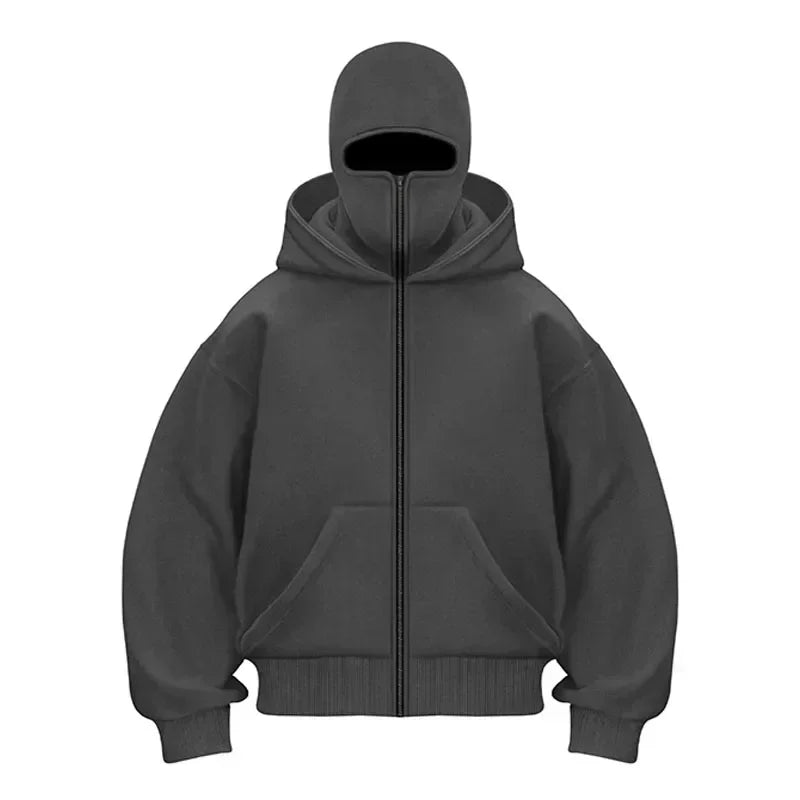 Men/women Balaclava Y2K Gothic winter Warm, double hooded sweatshirt men's mask zipper sports Jacket