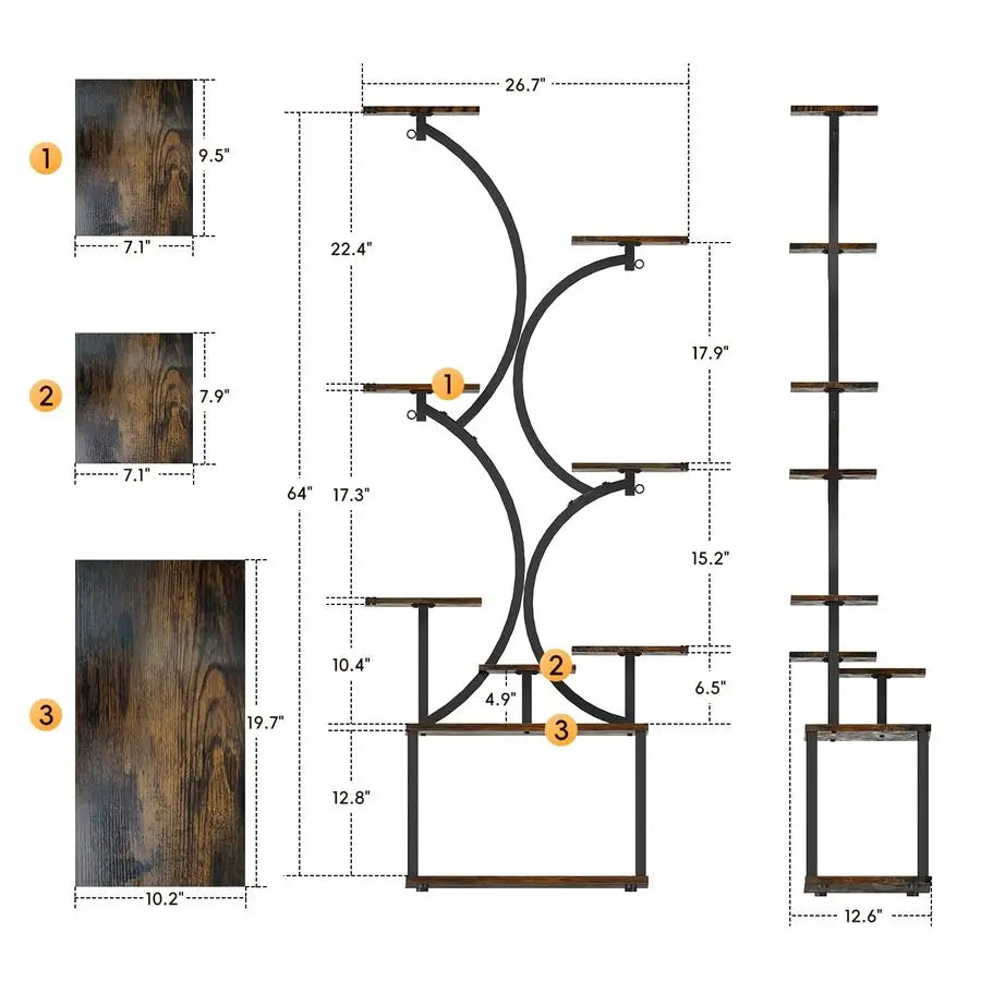 indoor,Grow Lights, 64 Tall 9Tier SShaped Modern Plant Shelf,Rustic Wood Boards, Decorative Metal