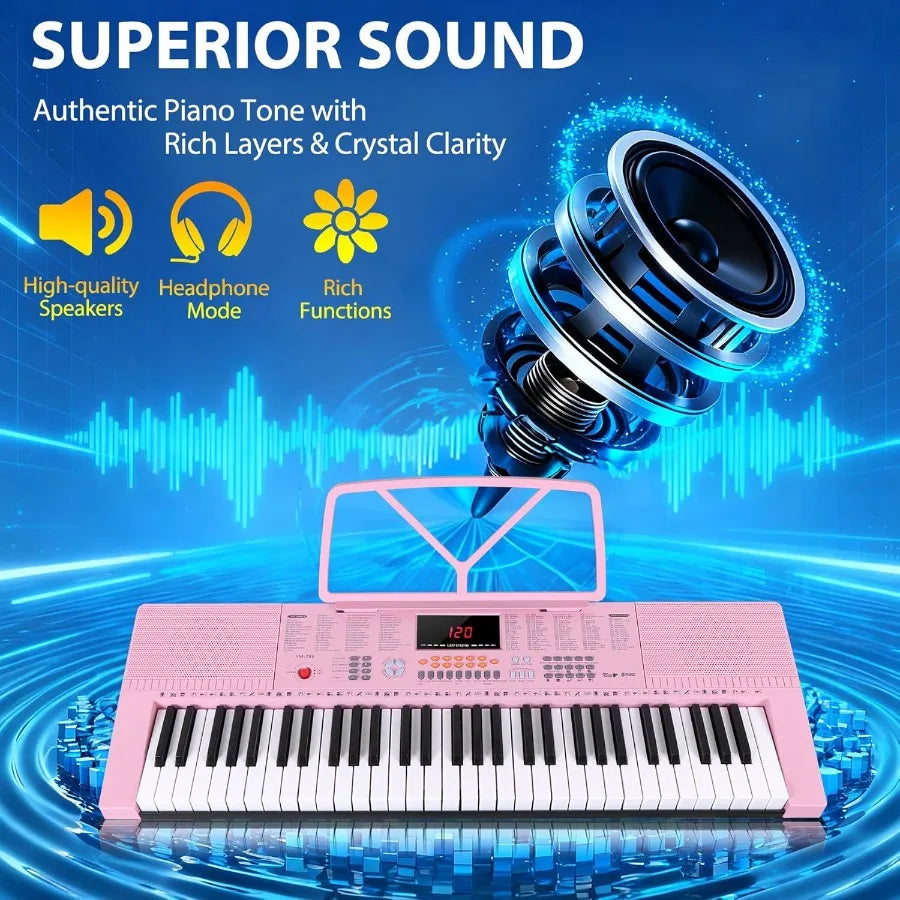 Portable61Key Elect Keyboard Piano,Stand,LED Disp.Adjust-Height Stand/Stool Include Headph Microphon