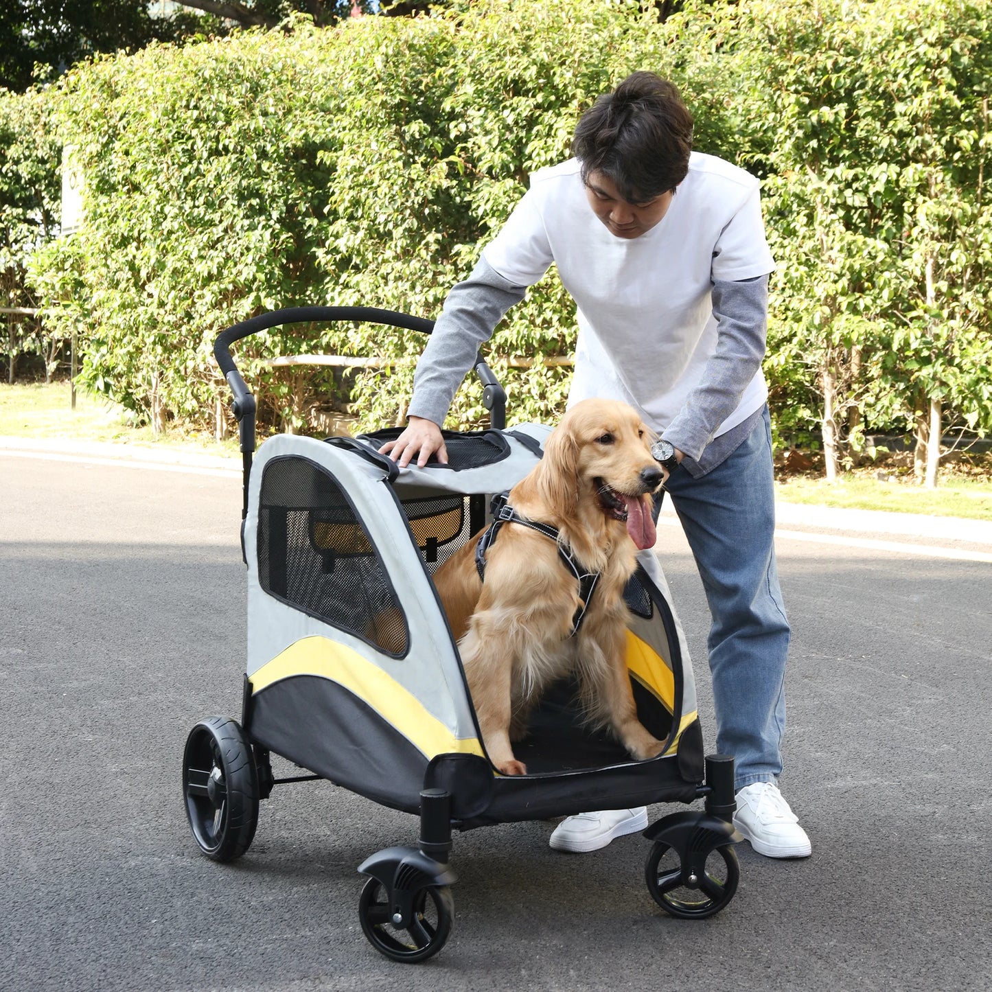 Dog Stroller Ultra-large 4 Wheels Foldable Cart Travel Trolley Outdoor Animal Carrier Load To 55kg
