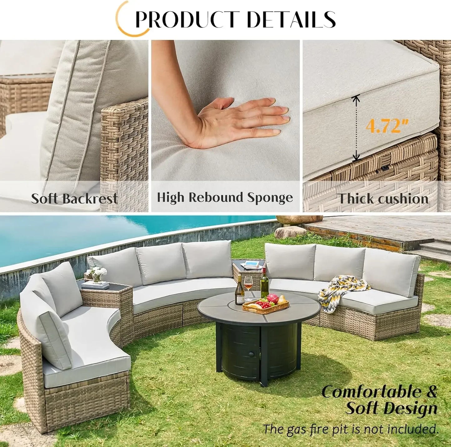 Patio Set,11 Piece Half-Moon Sectional Round Patio Furniture Set,Storage Wedge Table,for Backyard