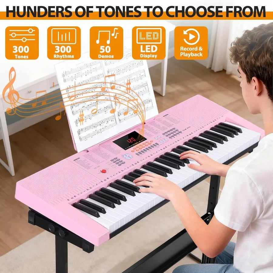 Portable61Key Elect Keyboard Piano,Stand,LED Disp.Adjust-Height Stand/Stool Include Headph Microphon