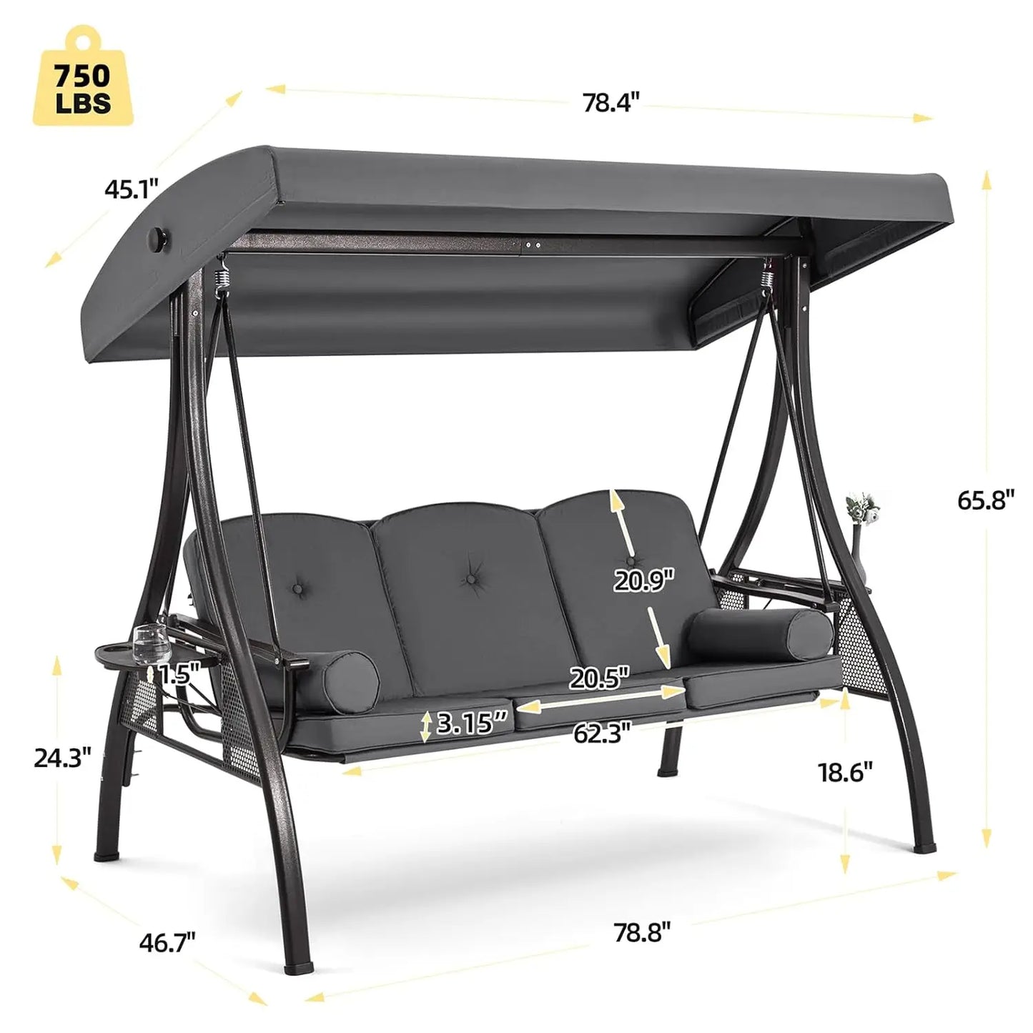 3 Person Outdoor Porch Swing,1.5" Upgraded Cup Holder, Adjust Canopy, Backrest, Patio Swing Bed