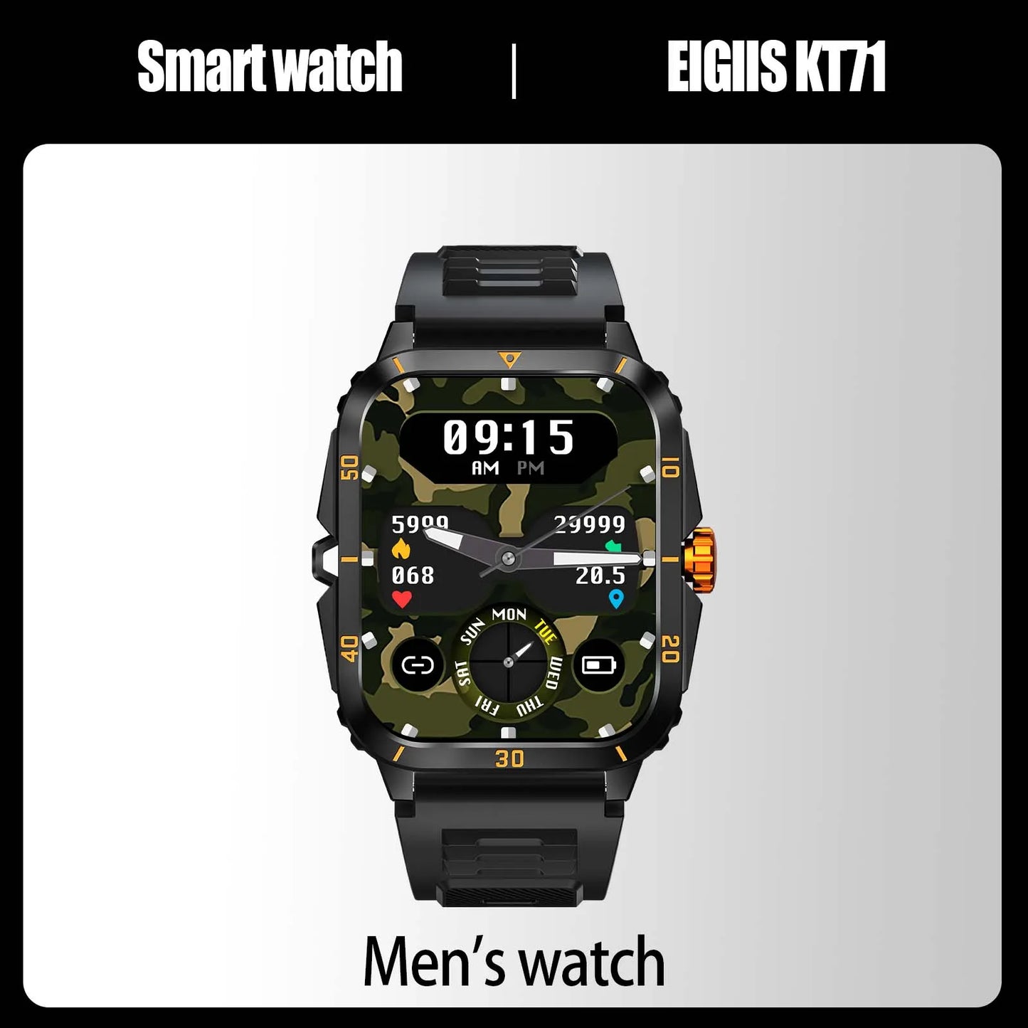 Smart Watch 3ATM Waterprf 1.96" IPS Screen KT71 Men 100+ Sport Mode Heart Rate Blood Pres. Bluetooth