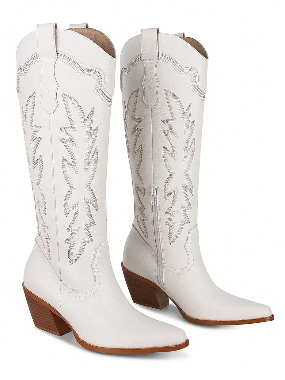 Embroidered Women's Western Knee High Block Heeled Side Zip Vintage Cowgirl Boots For Women