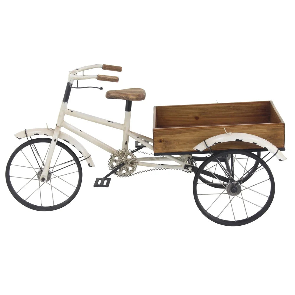 White Metal Indoor Outdoor Bike PlantStand,Brown Wood Accents Cozy Farmhouse Tricycle Planter Unique