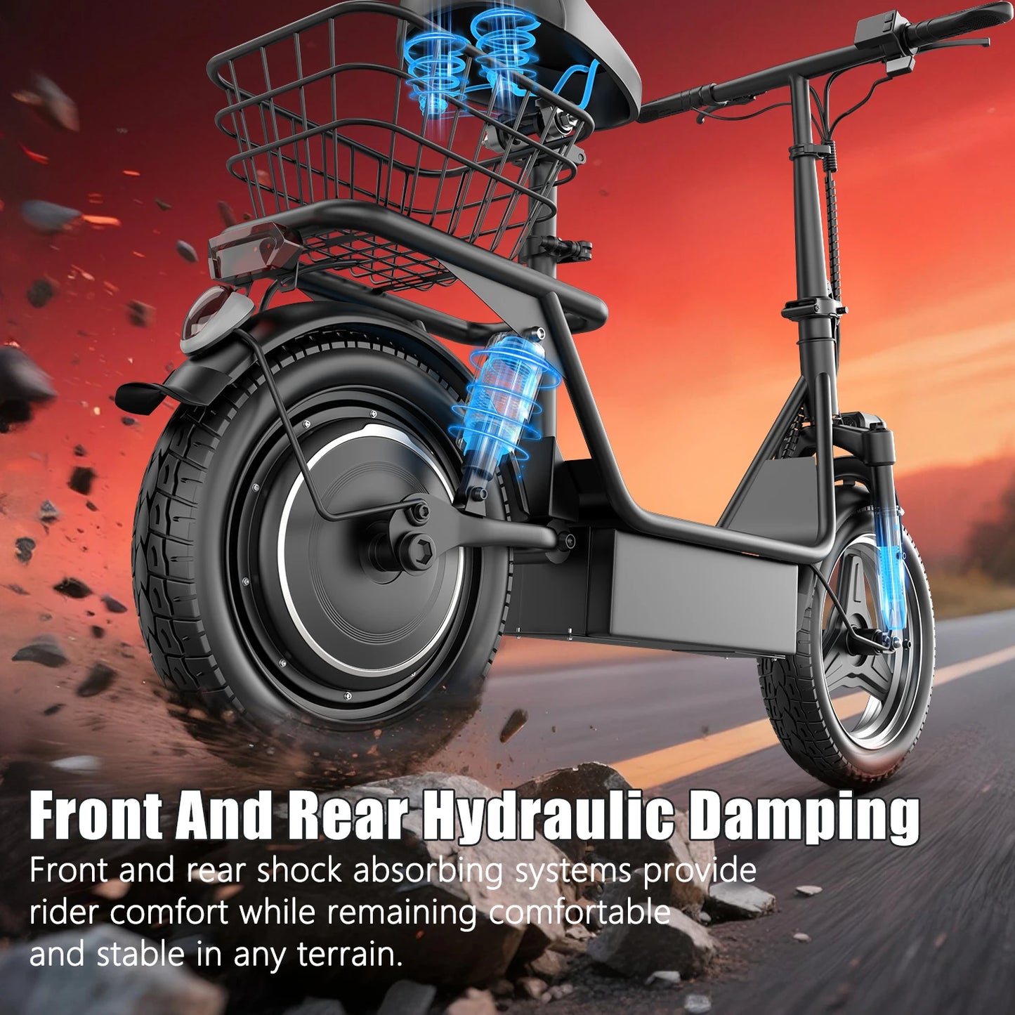 E-Scooter Adults,650W Peak Motor,48V15AH Battery, Seat,Up to 20MPH,25Miles Long Range,With Basket