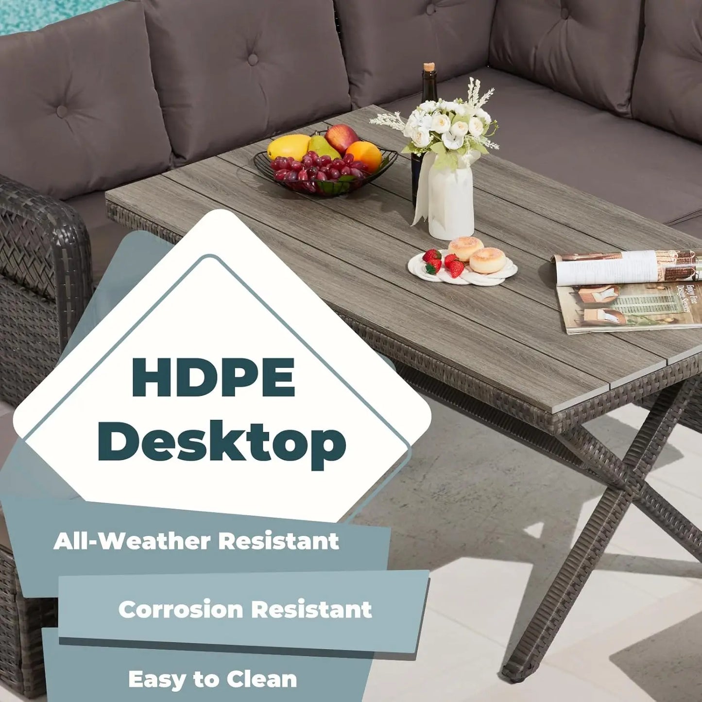 7 Pieces Patio  Dining Set, Patio Dining Sets with HDPE Table & Chairs, Ottamans for Garden, Deck