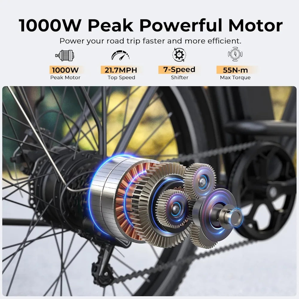 Electric Bike, 1000W Peak 48V Removable Battery, Adjustable Stem, Front Suspension,7 Speed, 26"