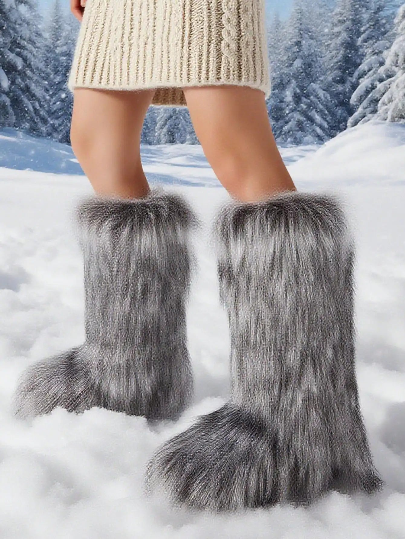 Furry Fluffy Women Snow Boots Warmplush Knee High Flats Luxury Punk Goth Women Winter Shoes