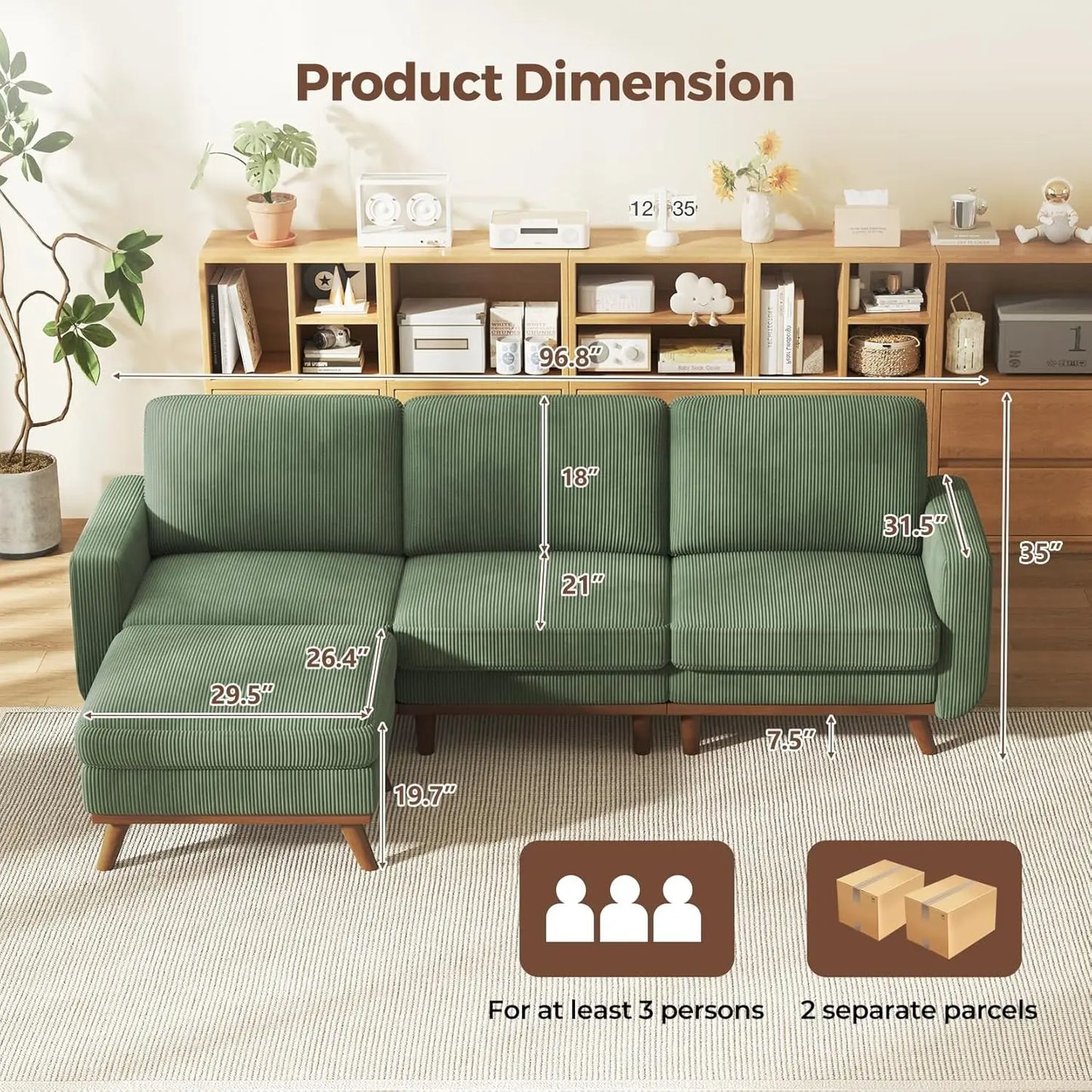 INDOOR 97" L-Shape Modular Sectional Sofa 3-Seat Corduroy Movable Otto green,black, Customized