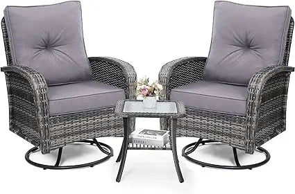 2 Luxury Outdoor Swivel Wicker Glider Chairs, Table, Overstuffed Washable Cushions,  Porch,Deck