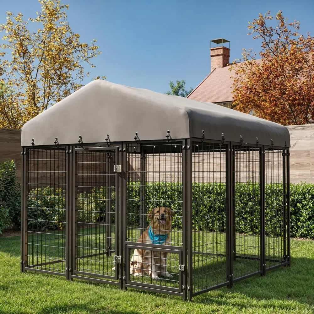Dog Kennel 10X10FT Outside Heavy-Duty Outdoor Dog, Roof, Lock - Spacious, 4 Pets with Feeding