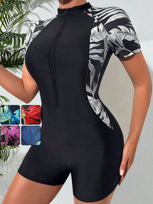 One Piece Floral SwimwearShort Sleeve Zip Front Tropical Plant  Sun Protection,No built-in bra