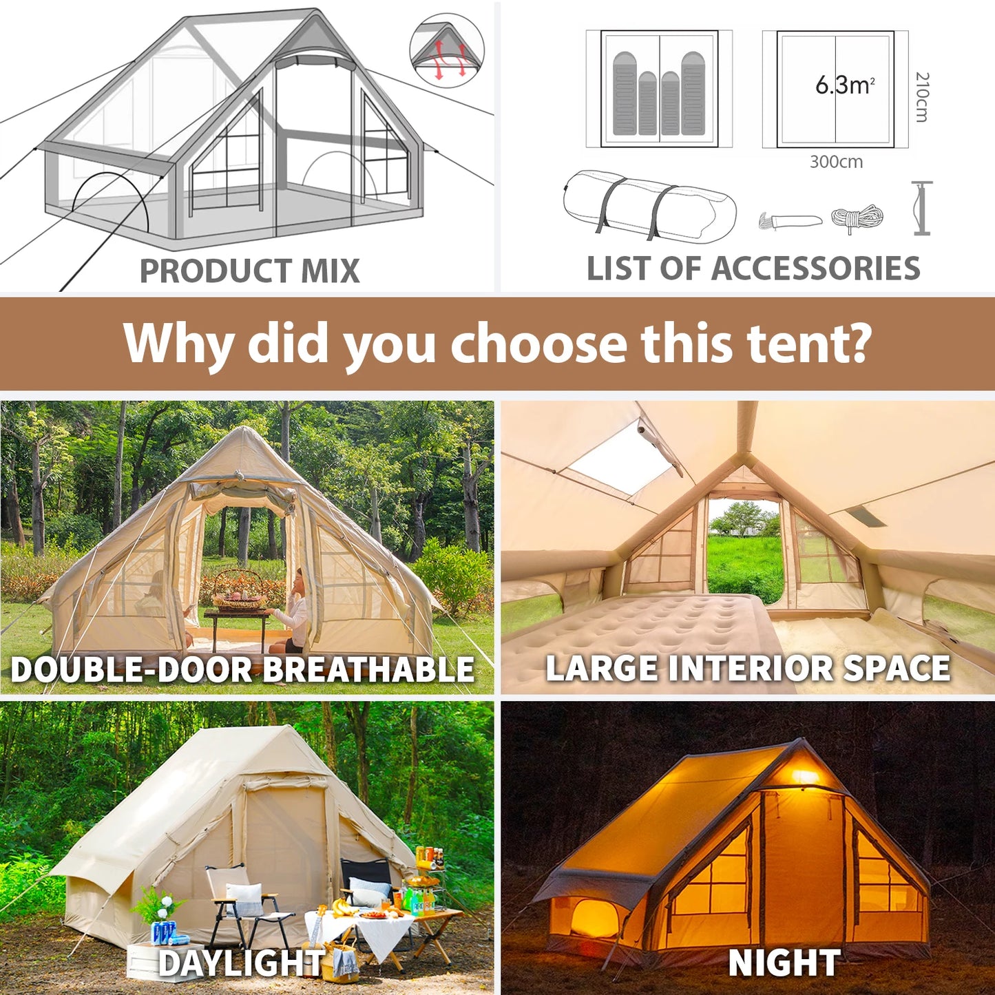 4-6 people Inflatable Camping Tent, Easy Setup Blow up Tent, Air Tent with Hand Pump for outdoor