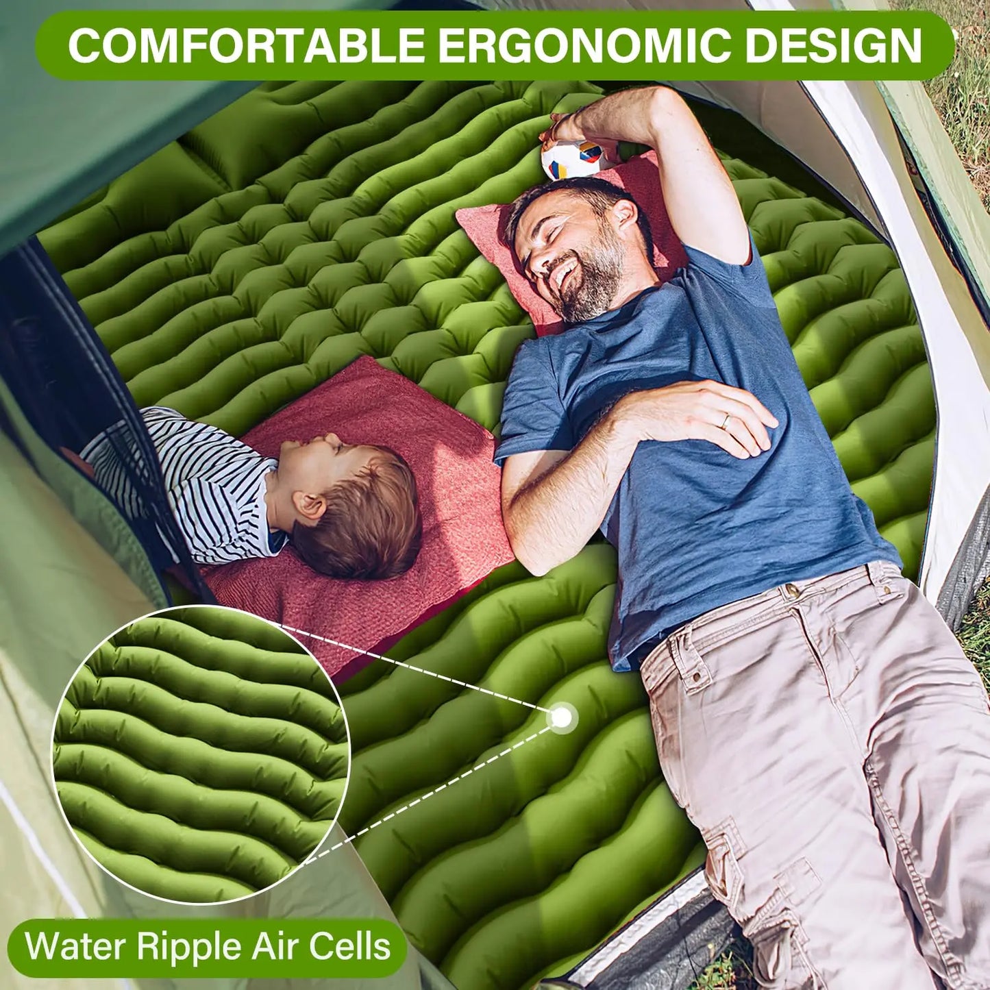 Double Sleeping Pad 4" Thick for 2 Person, Pillow Built-in Foot Pump Inflatable Backpacking Hiking