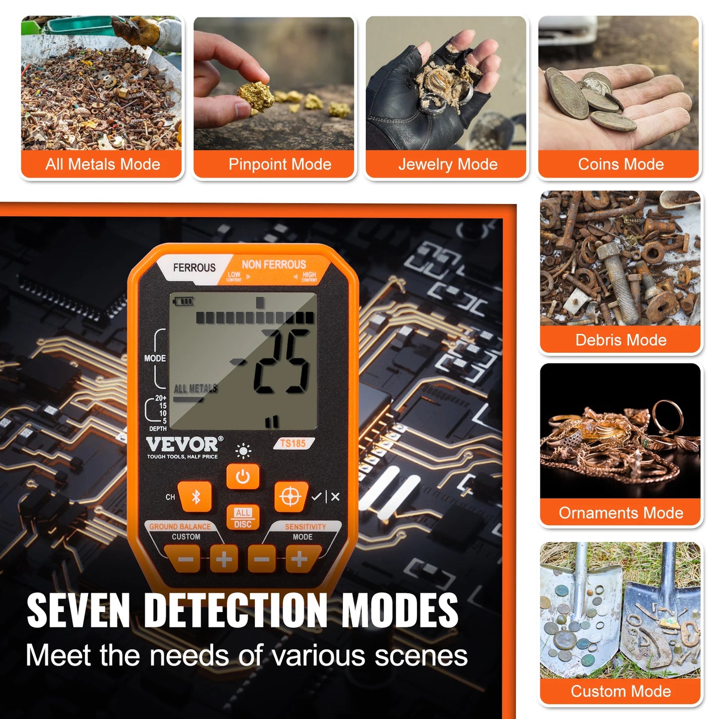 Professional Rechargeable Metal Detector 12" IP68 Waterproof Coil 39-50 in Adjustable LCD 7Modes