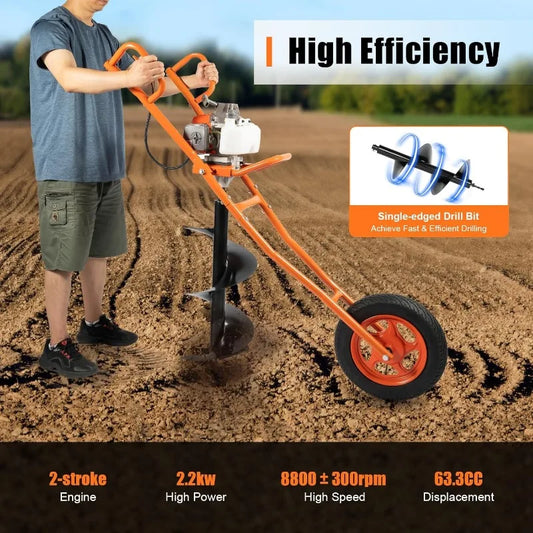 63CC Post Hole Digger Gas Powered 2.2kw Earth Auger Borer Ground Drill (Orange)