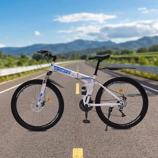 26" Folding Mountain Bike Top Spec | 21-Speed Blue/White MTB | Dual Disc Brakes | Ultimate Commuter & Trail Bike